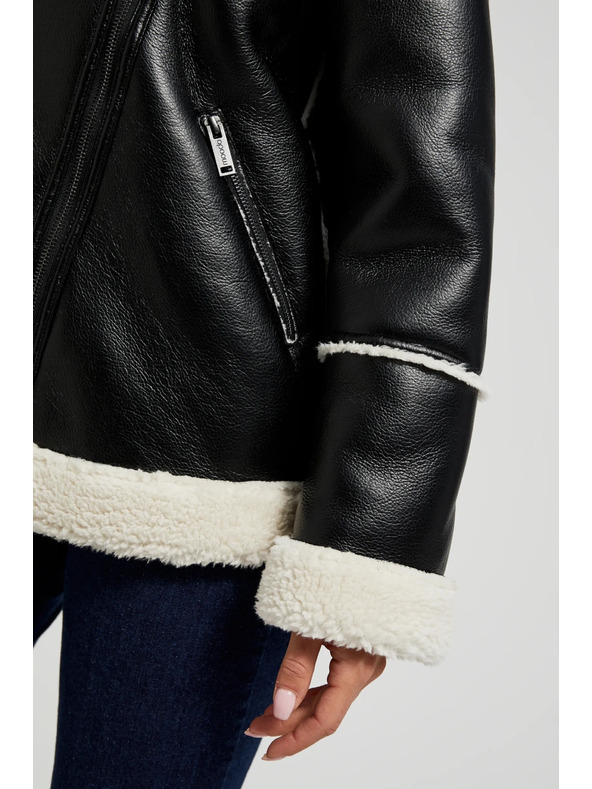 Moodo Čierna bunda s kožušinovým golierom Moodo