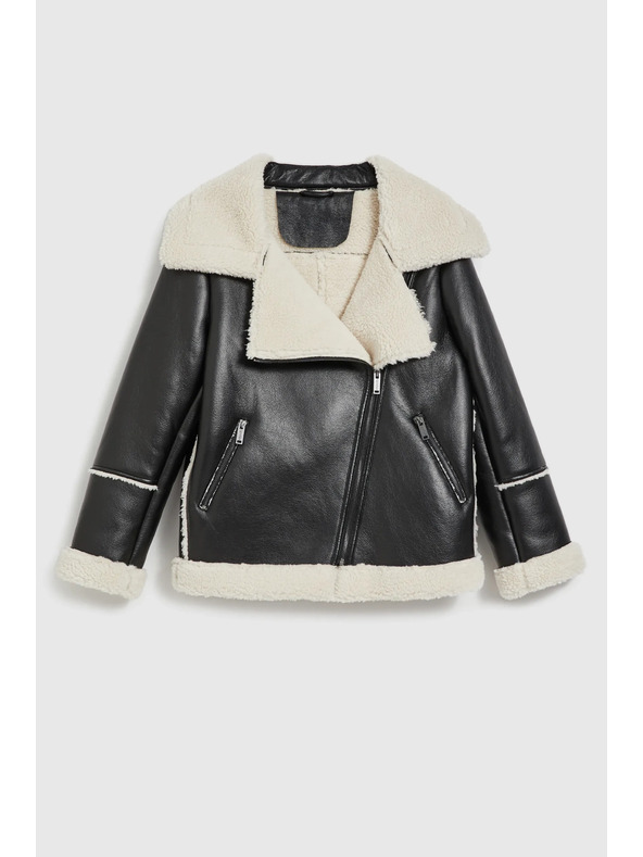 Moodo Čierna bunda s kožušinovým golierom Moodo