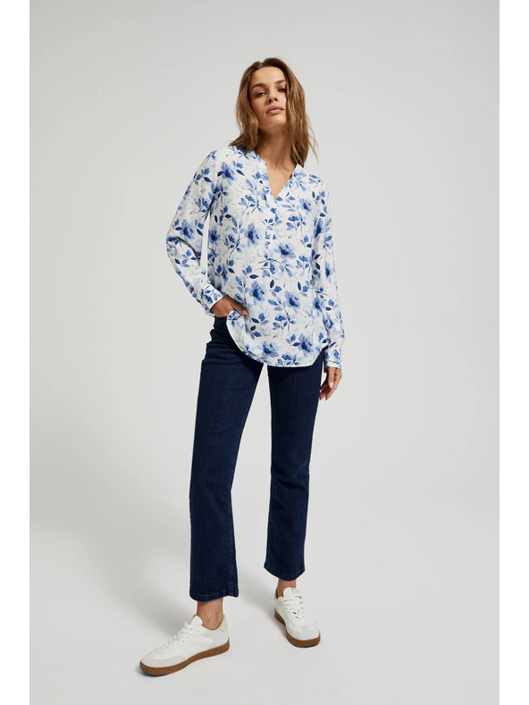 Moodo Biela košeľa s kvetinovým potlačou a dlhými rukávmi Moodo