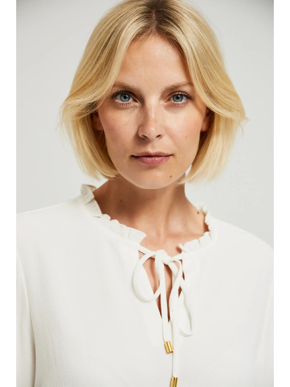 Moodo Biela blúzka so zaväzovaním na výstrihu a nafúknutými rukávmi Moodo