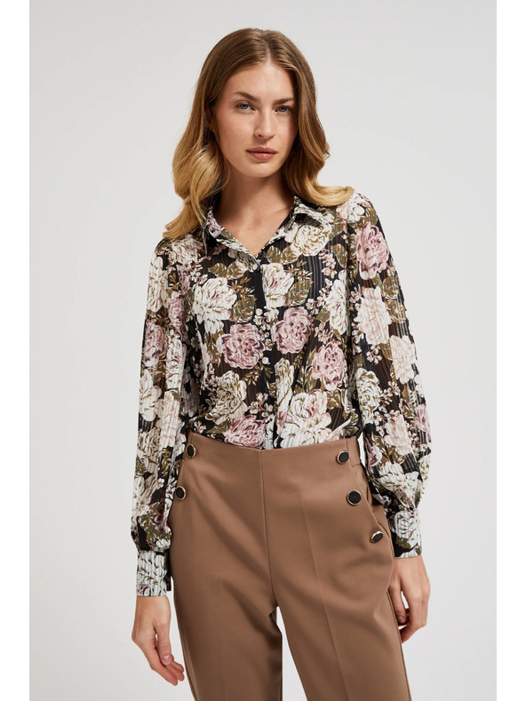 Moodo Plisovaná košeľa s kvetinovým vzorom a bublinkovými rukávmi čierna Moodo