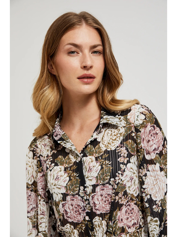 Moodo Plisovaná košeľa s kvetinovým vzorom a bublinkovými rukávmi čierna Moodo