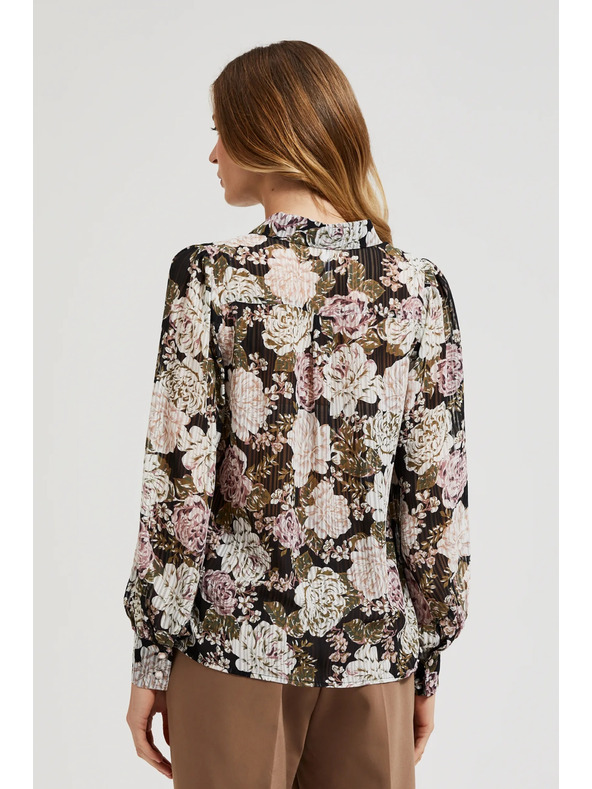 Moodo Plisovaná košeľa s kvetinovým vzorom a bublinkovými rukávmi čierna Moodo