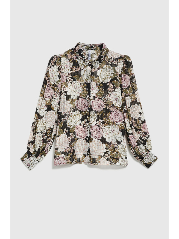 Moodo Plisovaná košeľa s kvetinovým vzorom a bublinkovými rukávmi čierna Moodo