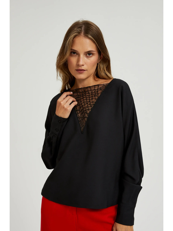 Moodo Čierna blúzka s ručne prišívanými korálkami na výstrihu Moodo