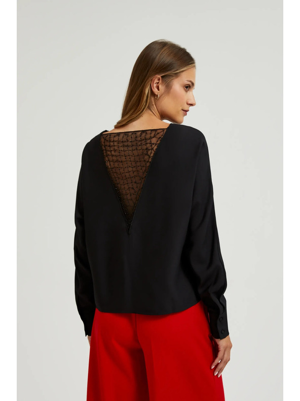 Moodo Čierna blúzka s ručne prišívanými korálkami na výstrihu Moodo