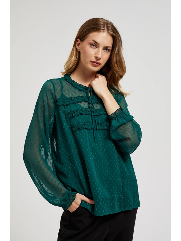 Moodo Zelená košeľa s volánmi a viazaním na výstrihu Moodo