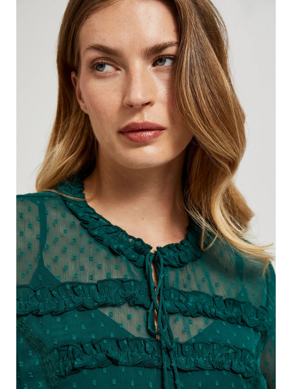 Moodo Zelená košeľa s volánmi a viazaním na výstrihu Moodo