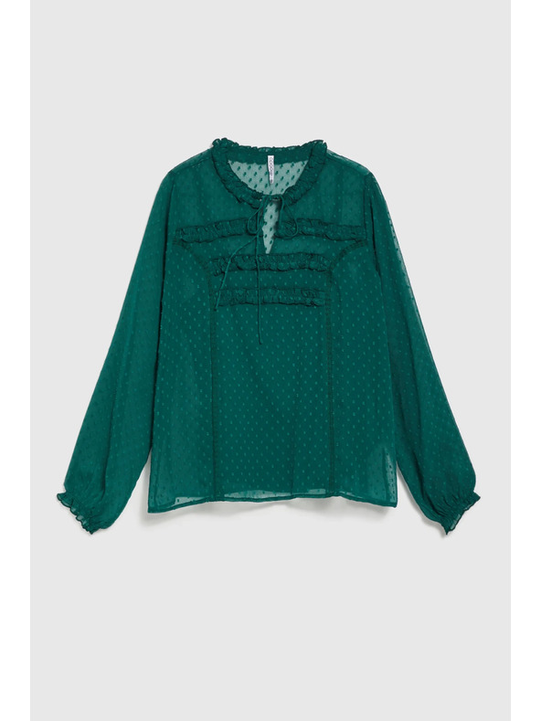 Moodo Zelená košeľa s volánmi a viazaním na výstrihu Moodo