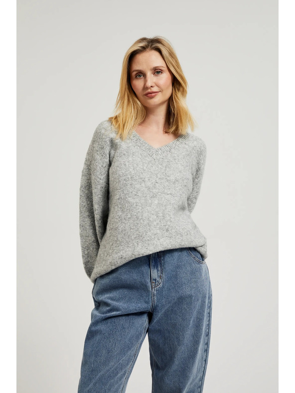 Moodo Hladký sveter so výstrihom do V a žebrovaním sivý Moodo