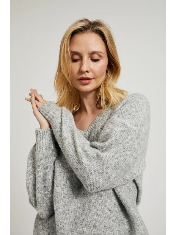 Moodo Hladký sveter so výstrihom do V a žebrovaním sivý Moodo