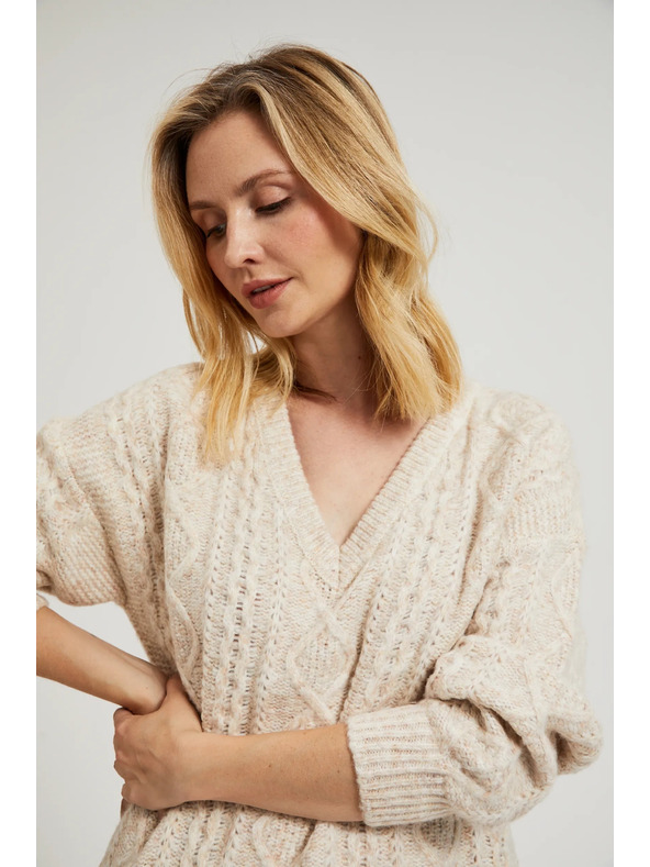Moodo Pletený béžový sveter so výstrihom do V Moodo