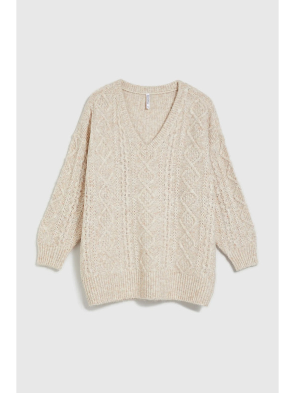 Moodo Pletený béžový sveter so výstrihom do V Moodo