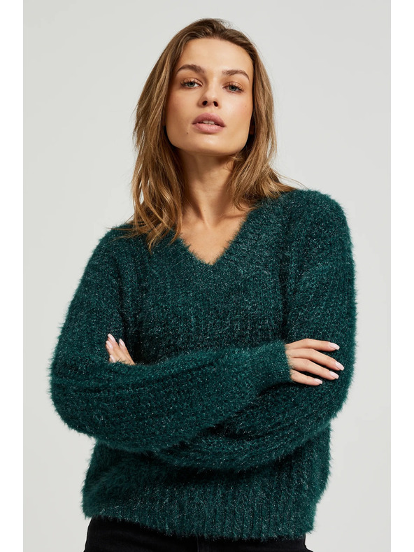 Moodo Chlpatý sveter s metalickou niťou zelený Moodo