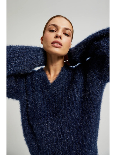 Moodo Chlpatý sveter s metalickou niťou tmavmodrý Moodo