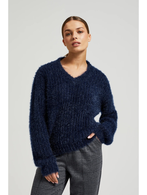 Moodo Chlpatý sveter s metalickou niťou tmavmodrý Moodo