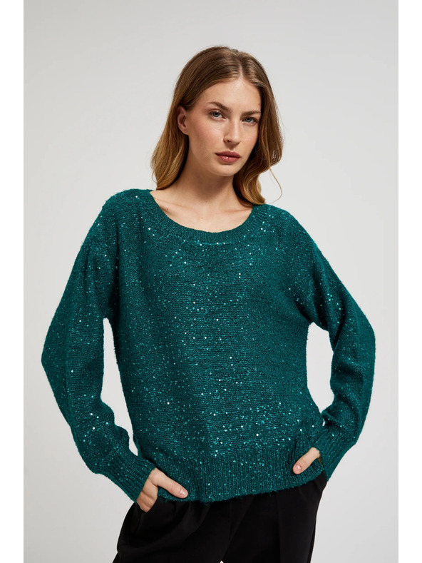 Moodo Sveter s flitrami a okrúhlym výstrihom zelený Moodo