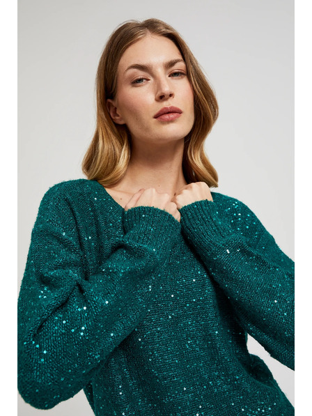 Moodo Sveter s flitrami a okrúhlym výstrihom zelený Moodo