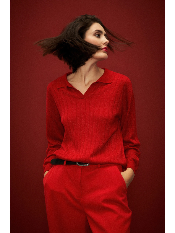 Moodo Sveter s golierom a metalickou niťou červený Moodo