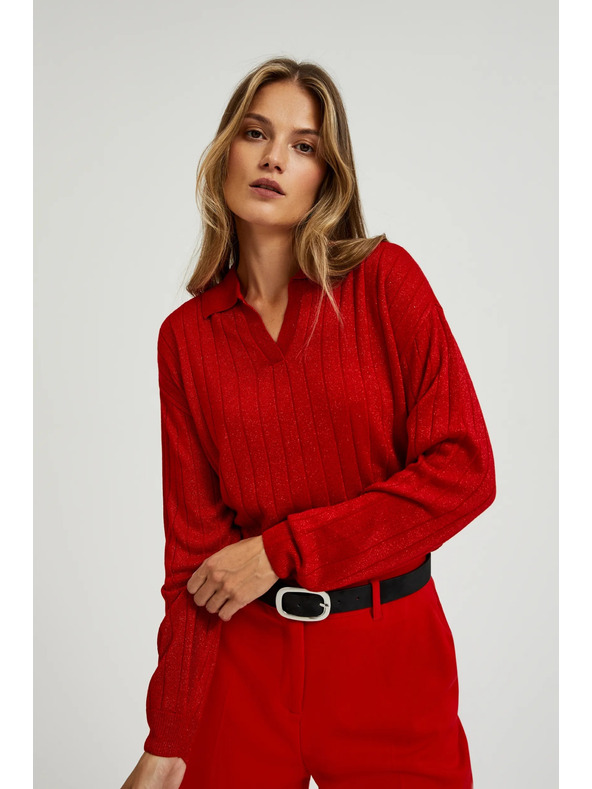 Moodo Sveter s golierom a metalickou niťou červený Moodo