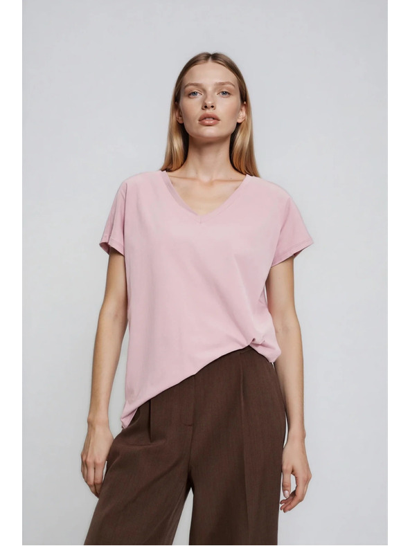 Moodo Bavlnené tričko s V výstrihom svetlo ružové Moodo