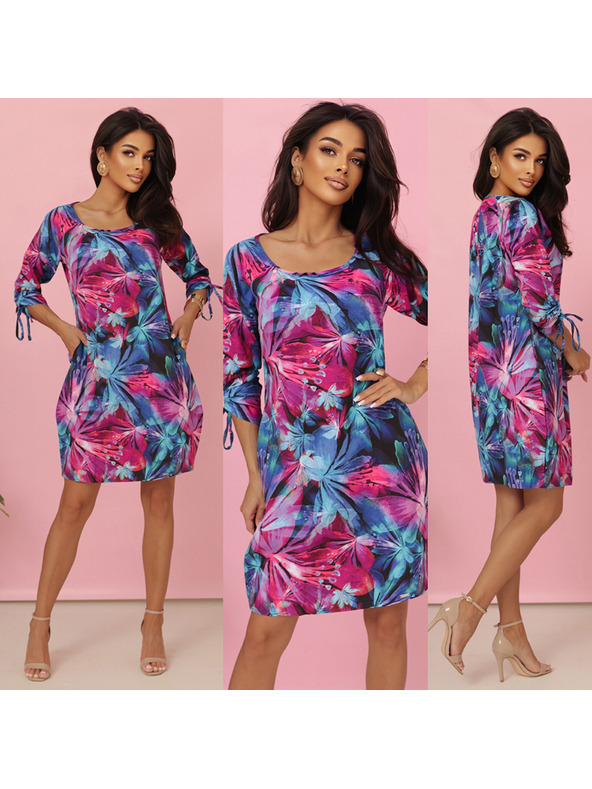 numoco Pohodlné oversize šaty so zaväzovaním na rukávoch - farebné kvety