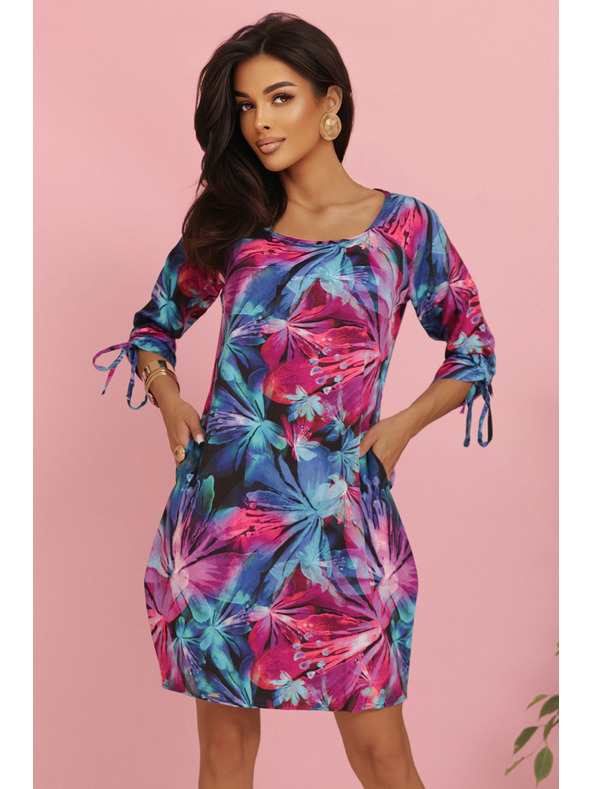 numoco Pohodlné oversize šaty so zaväzovaním na rukávoch - farebné kvety