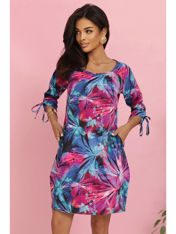 numoco Pohodlné oversize šaty so zaväzovaním na rukávoch - farebné kvety