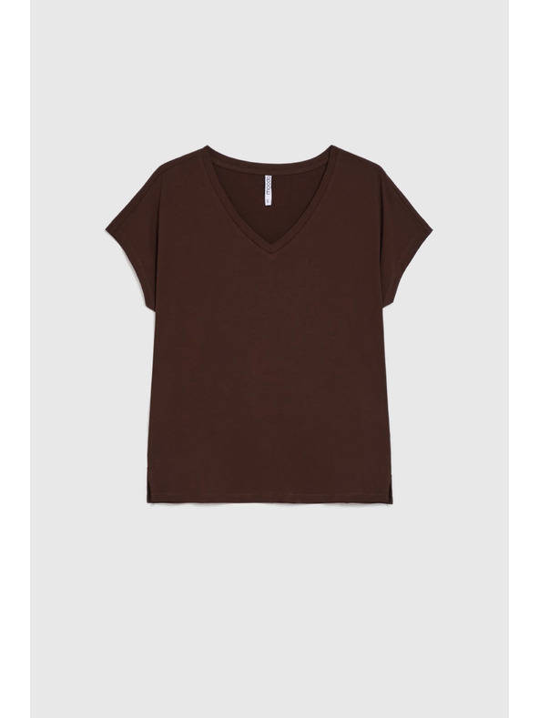 Moodo Bavlnené tričko s výstrihom do "V" hnedé Moodo