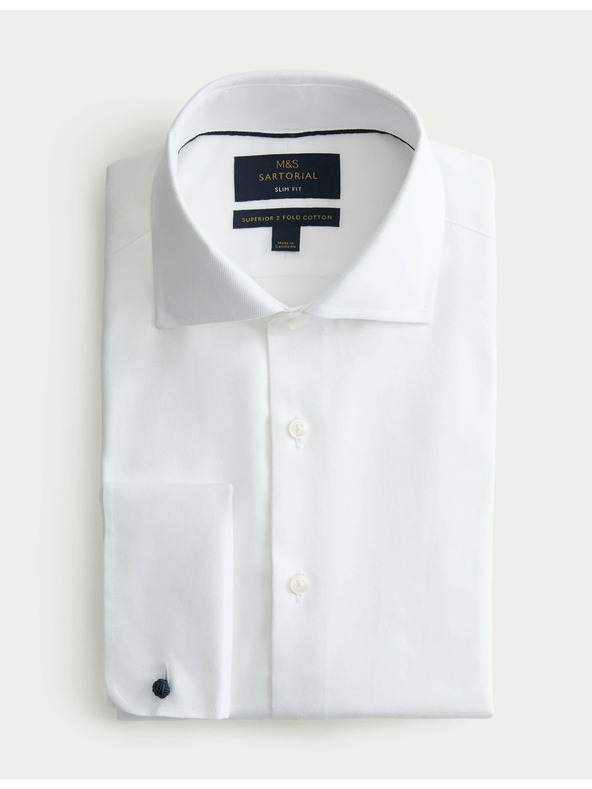 Marks & Spencer Luxusná bavlnená košeľa Marks & Spencer úzkeho strihu s dvojitými manžetami v bielej farbe