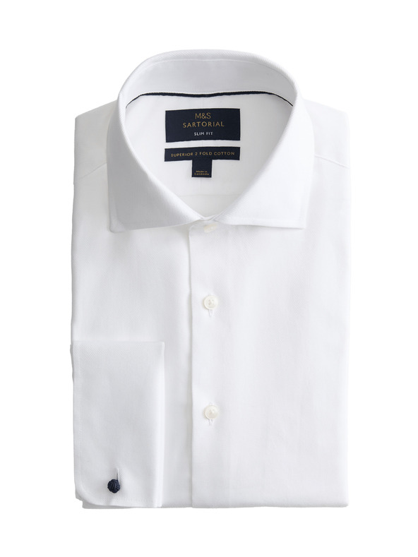 Marks & Spencer Luxusná bavlnená košeľa Marks & Spencer úzkeho strihu s dvojitými manžetami v bielej farbe