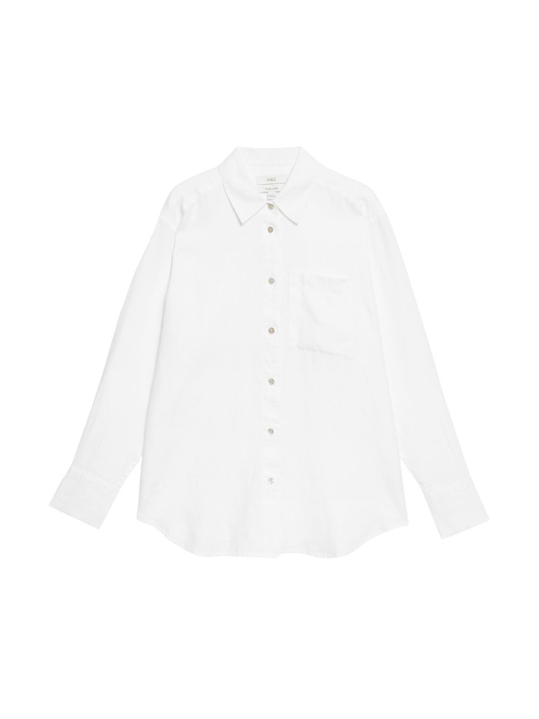 Marks & Spencer Oversized košeľa v štýle Girlfriend s golierom, z čistého ľanu Marks & Spencer biela