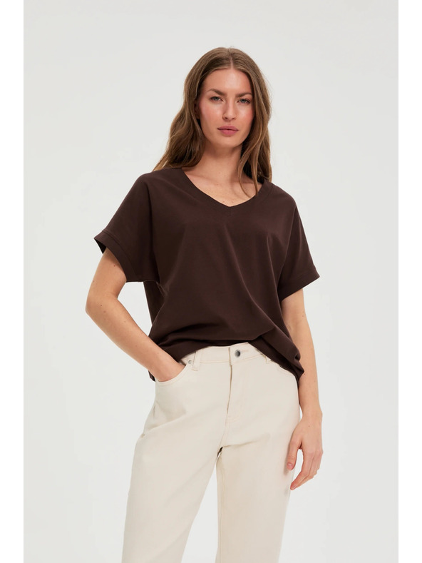 Moodo Tričko s výstrihom hnedé Moodo