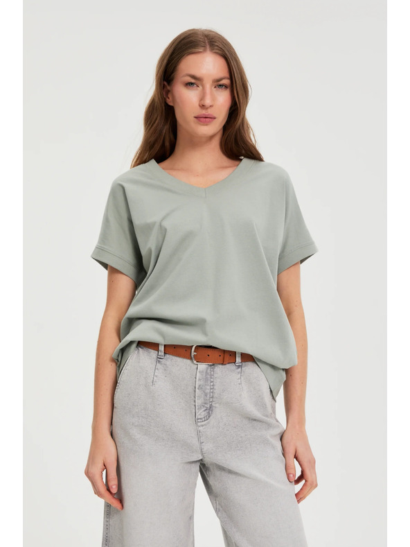 Moodo Tričko s výstrihom olivové Moodo