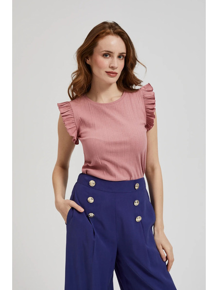 Moodo Rebrovaná blúzka s volánom na pleciach ružová Moodo