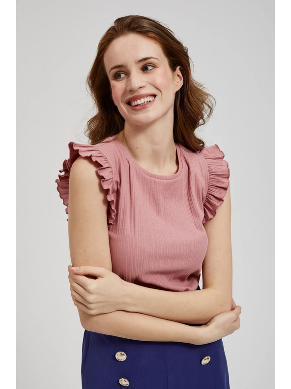 Moodo Rebrovaná blúzka s volánom na pleciach ružová Moodo