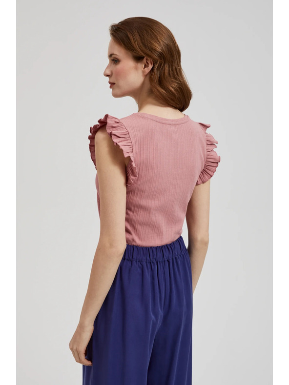 Moodo Rebrovaná blúzka s volánom na pleciach ružová Moodo