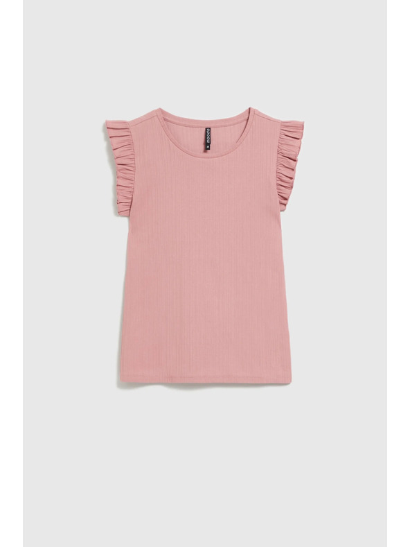 Moodo Rebrovaná blúzka s volánom na pleciach ružová Moodo
