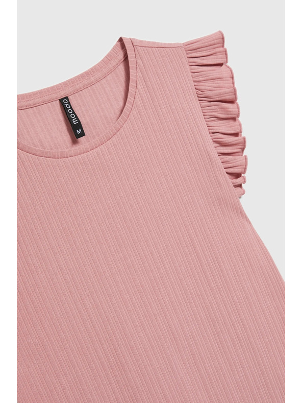 Moodo Rebrovaná blúzka s volánom na pleciach ružová Moodo