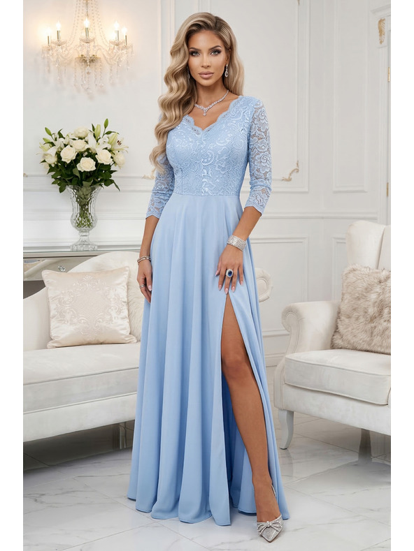 numoco AMBER Elegantné dlhé čipkované šaty s výstrihom - svetlo modré