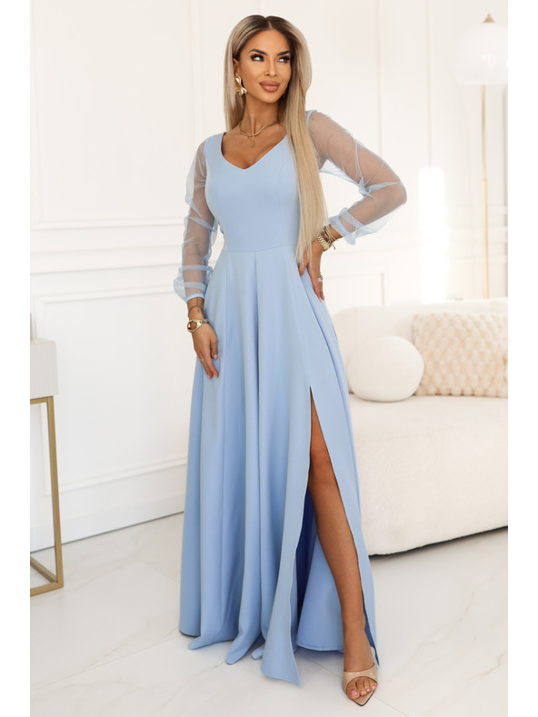 numoco LORETTA Jedinečné dlhé šaty s tylový rukávmi a výstrihom - svetlo modré