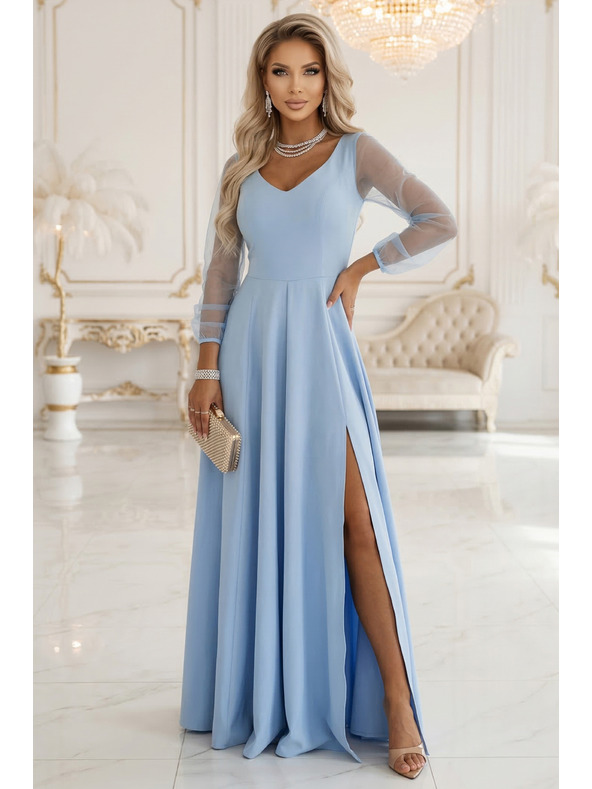 numoco LORETTA Jedinečné dlhé šaty s tylový rukávmi a výstrihom - svetlo modré