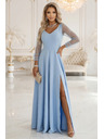 numoco LORETTA Jedinečné dlhé šaty s tylový rukávmi a výstrihom - svetlo modré