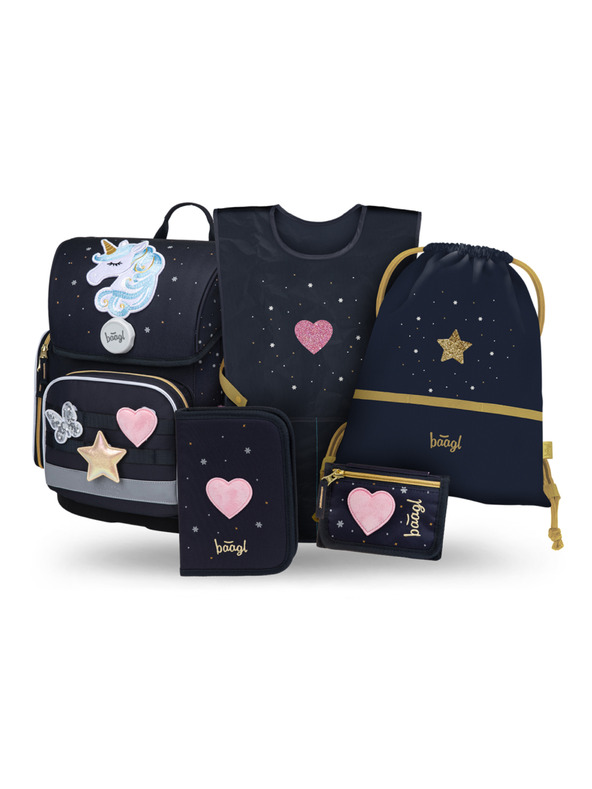 BAAGL  BAAGL SET 5 Ergo Unicorn Gold: aktovka, peračník, vrecko, zástera, peňaženka