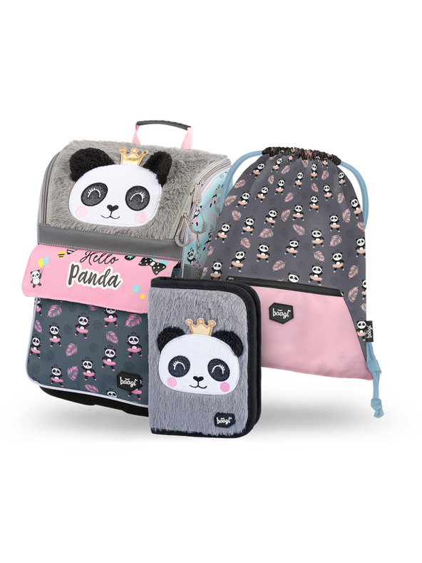 BAAGL  Šedá 3 sety pandy na zips: aktovka, penál, taška Baagl