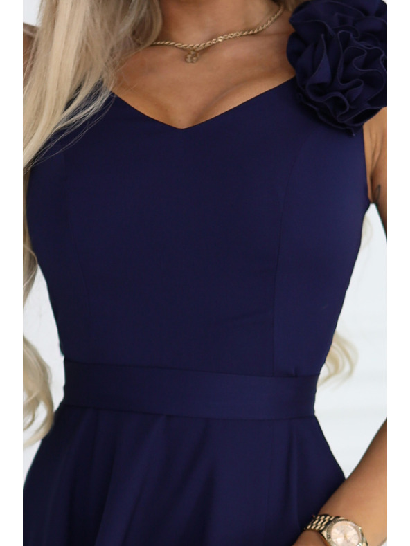 numoco Elegantné večerné maxi šaty s rozparkom a ružami - námornicka modrá