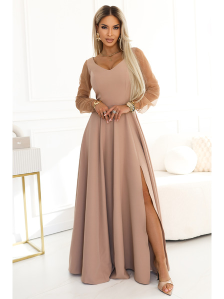 numoco LORETTA Jedinečné dlhé šaty s tylom rukávami a výstrihom - béžové