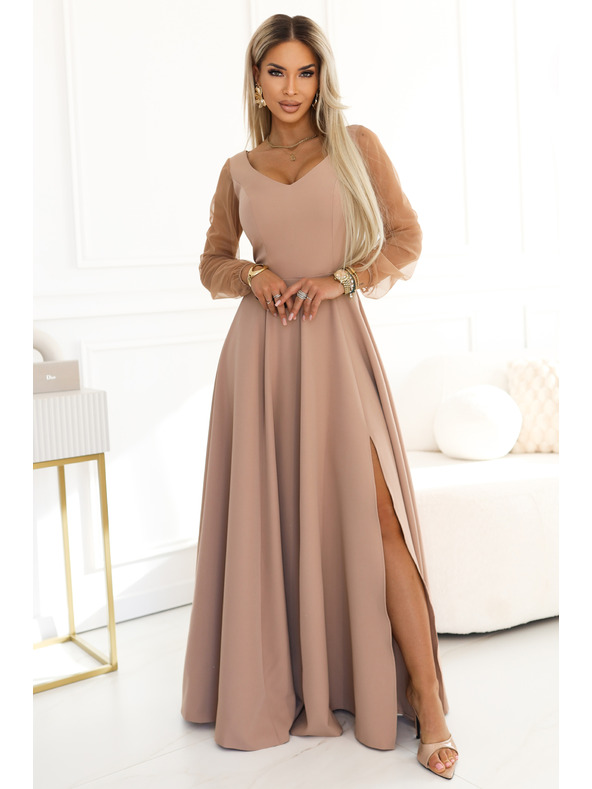 numoco LORETTA Jedinečné dlhé šaty s tylom rukávami a výstrihom - béžové