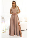 numoco LORETTA Jedinečné dlhé šaty s tylom rukávami a výstrihom - béžové
