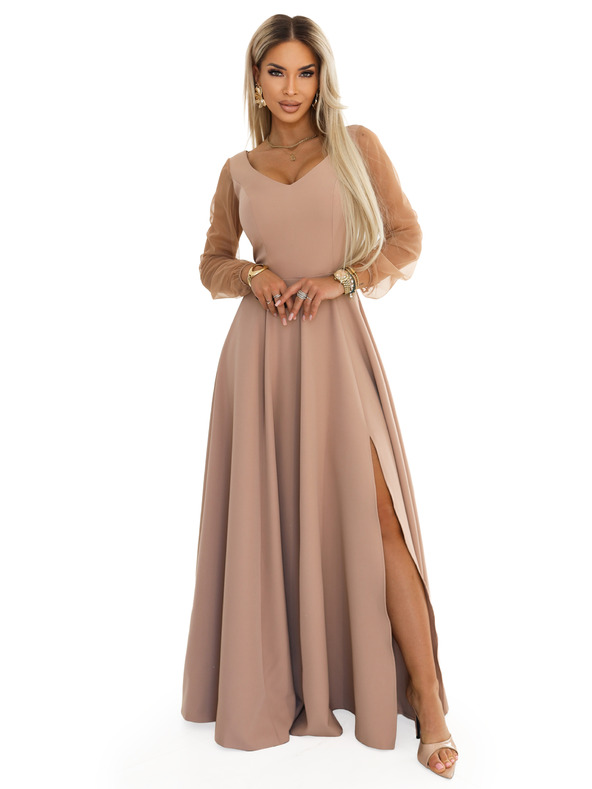 numoco LORETTA Jedinečné dlhé šaty s tylom rukávami a výstrihom - béžové